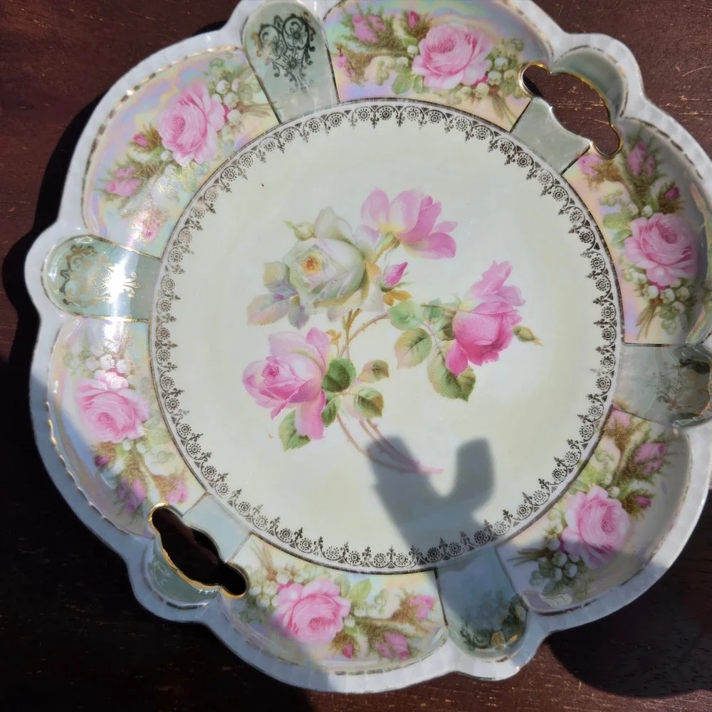 Vintage Germany R4682Pink Rose Porcelain Serving Plate Scalloped Luster Gold 10